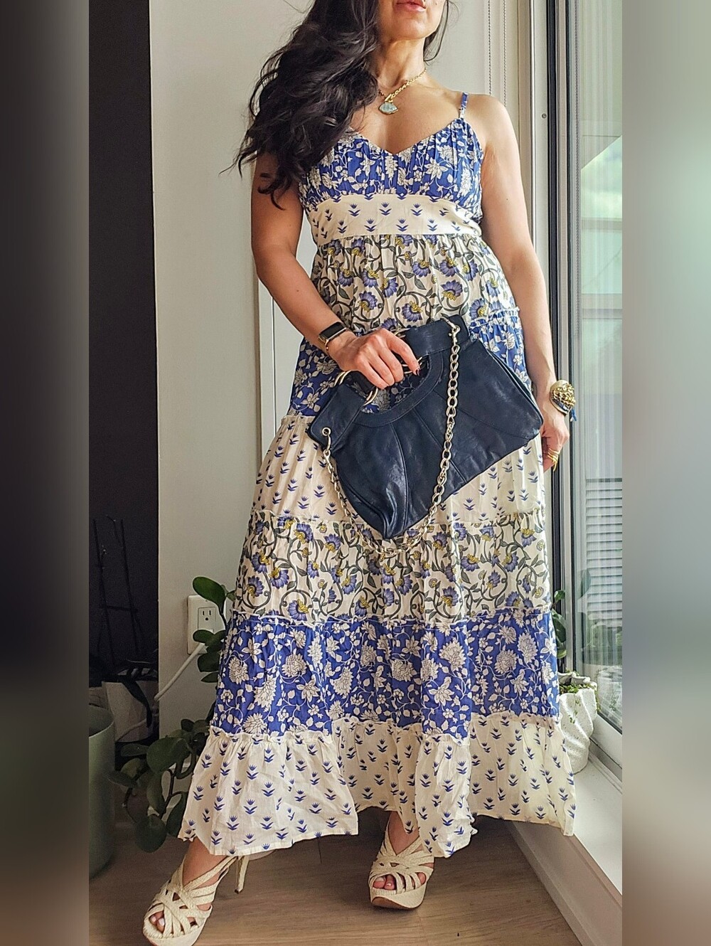 Vintage Navy Blue Leather Chain-Handle Women’s Shoulder Bag